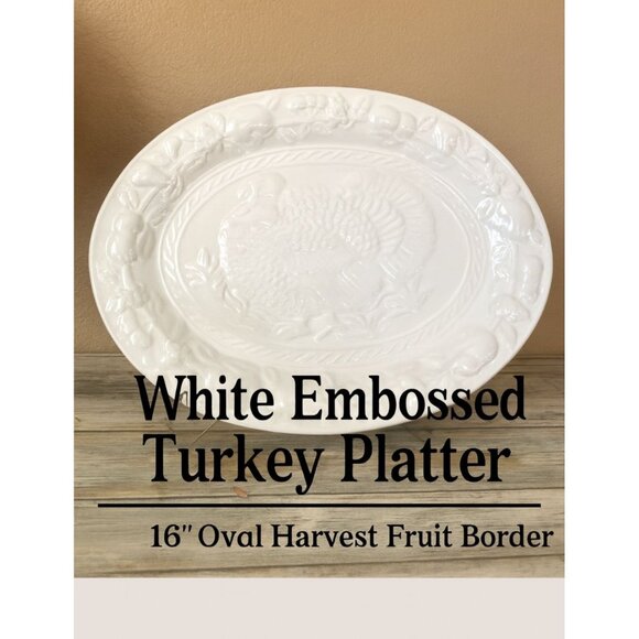 White Embossed Turkey Platter Oval 16x12.5 Stoneware Harvest Fruit Border NEW - Picture 1 of 11